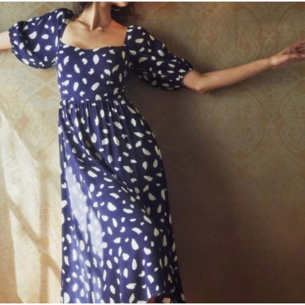 Reformation Zippy Dress Splatter Navy Ivory Midi Puff Sleeve Size 2 EUC